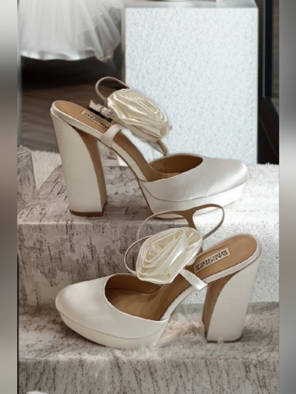 Badgley Mischka Bridal Ivory Satin Platform Mary Jane Heels & Flower Accent
